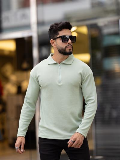 Polo Yaka Fermuarlı Fitilli Sweat T-24 1009 fıstık yeşili