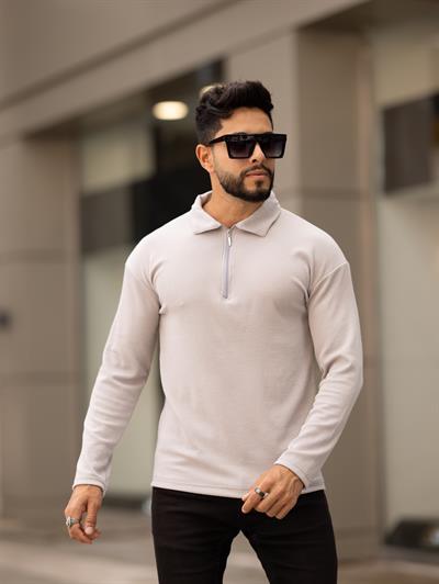 Polo Yaka Fermuarlı Fitilli Sweat T-24 1009 Gri