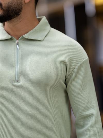 Polo Yaka Fermuarlı Fitilli Sweat T-24 1009 fıstık yeşili