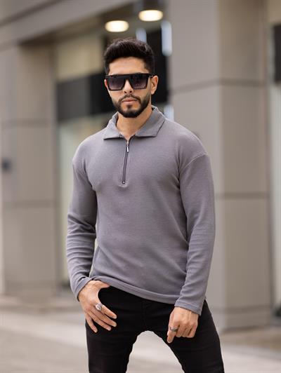 Polo Yaka Fermuarlı Fitilli Sweat T-24 1009 Antrasit