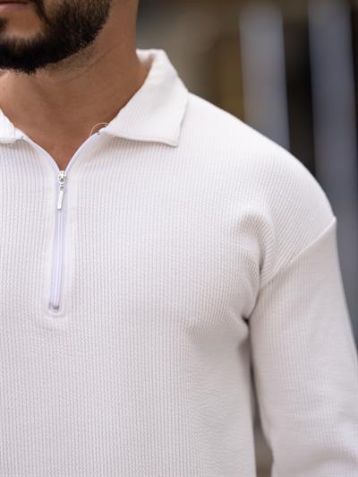 Polo Yaka Fermuarlı Fitilli Sweat T-24 1009 Beyaz
