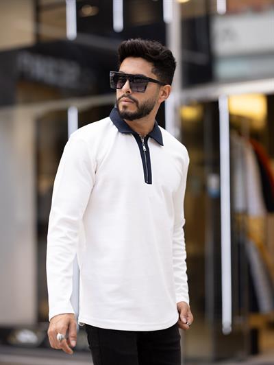 Polo Yaka Fermuarlı Sweat T-24 909 Beyaz