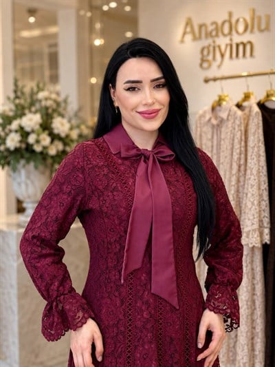 Polo Yaka Fularlı Güpür Elbise 1824 T-26 Mürdüm