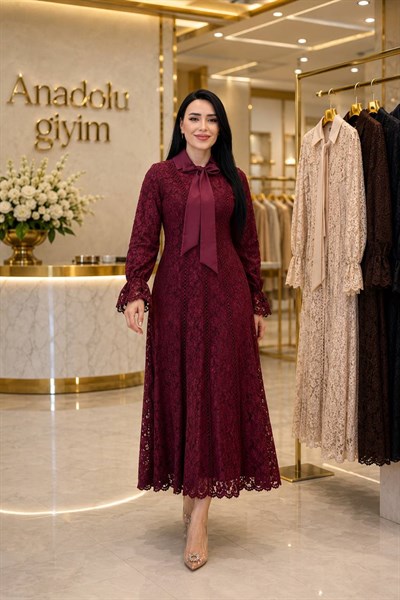 Polo Yaka Fularlı Güpür Elbise 1824 T-26 Mürdüm