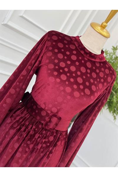 Puantiye Kadife Elbise 1248 Bordo