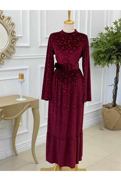 Puantiye Kadife Elbise 1248 Bordo