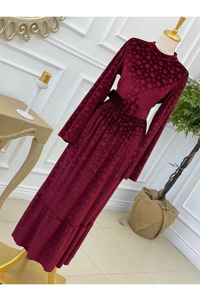 Puantiye Kadife Elbise 1248 Bordo