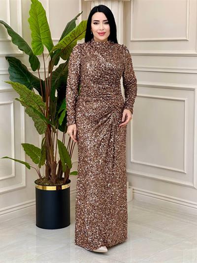 Pullu Belden Büzmeli Abiye 4880 t-24 Bakır