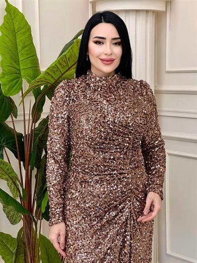 Pullu Belden Büzmeli Abiye 4880 t-24 Bakır