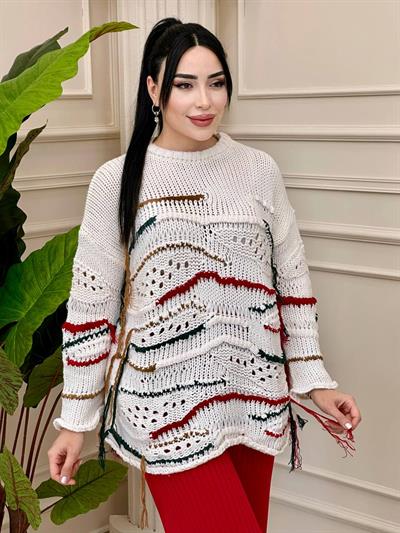 Renk Çizgili Örme Kazak 4092 t-24 Kırmızı
