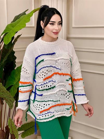 Renk Çizgili Örme Kazak 4092 t-24 Turuncu