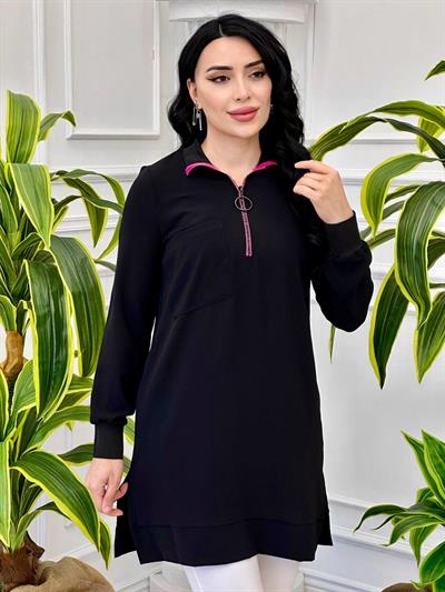 Renk Şerit Fermuar Tunik 10246 Siyah