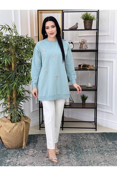 Renkli Boncuk İşleme Sweat 2077 Mint yeşili