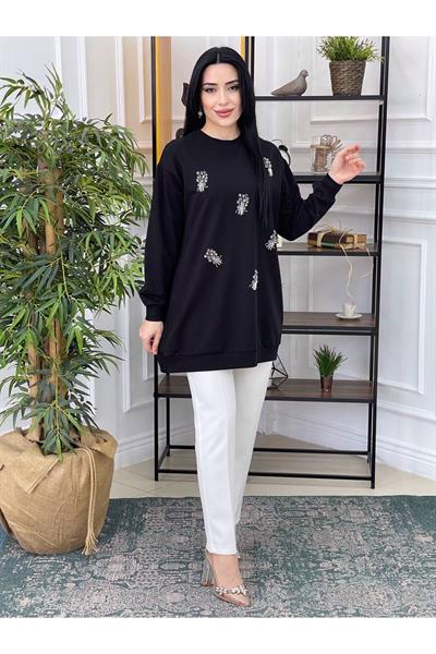 Renkli Boncuk İşleme Sweat 2077 Siyah