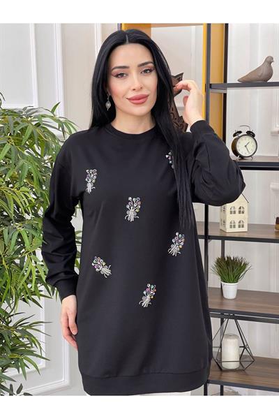Renkli Boncuk İşleme Sweat 2077 Siyah