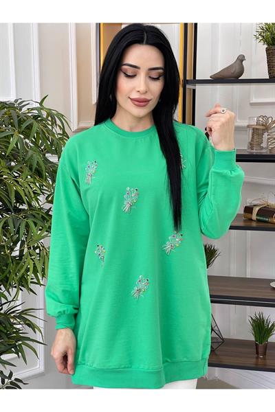 Renkli Boncuk İşleme Sweat 2077 Yeşil