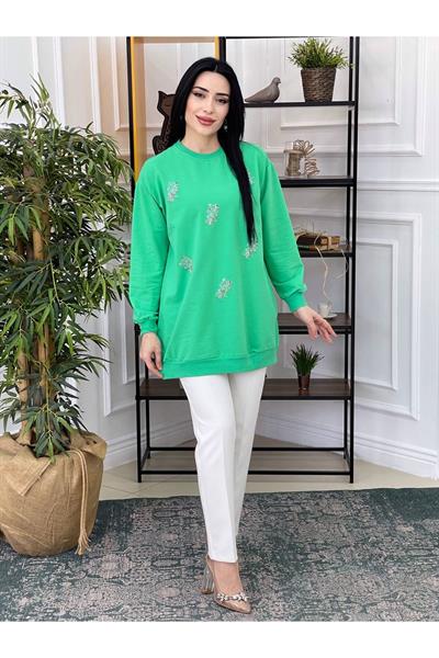 Renkli Boncuk İşleme Sweat 2077 Yeşil