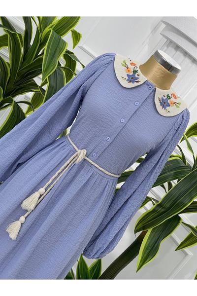 Renkli Nakış Bebe Yaka Elbise 1350 Mavi