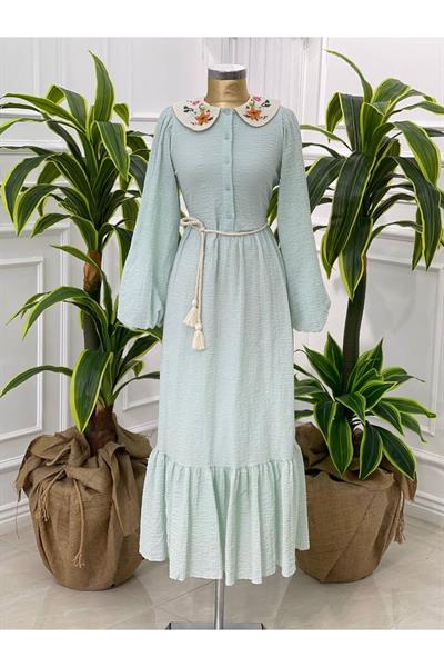 Renkli Nakış Bebe Yaka Elbise 1350-Mint yeşili