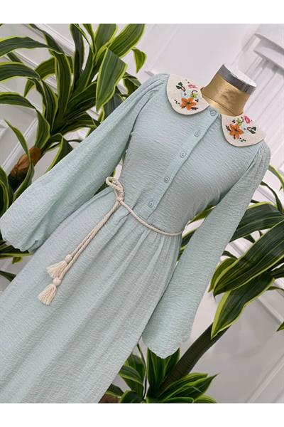 Renkli Nakış Bebe Yaka Elbise 1350-Mint yeşili