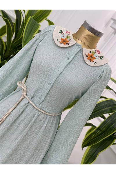 Renkli Nakış Bebe Yaka Elbise 1350-Mint yeşili