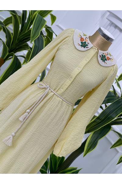 Renkli Nakış Bebe Yaka Elbise 1350 Sarı