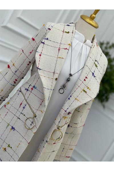 Renkli Örme Ceket Kap 14302-Ekru