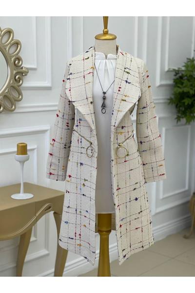 Renkli Örme Ceket Kap 14302-Ekru