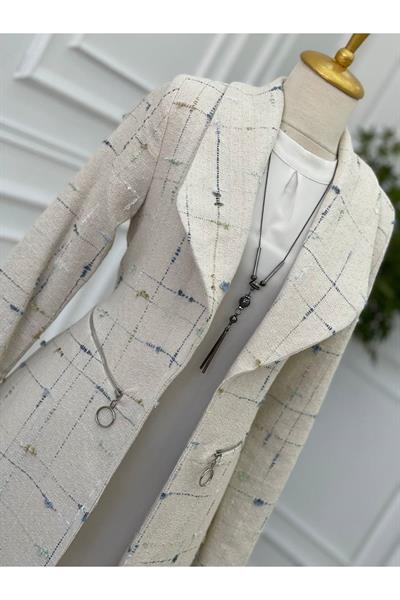 Renkli Örme Ceket Kap 14302-Ekru Mavi