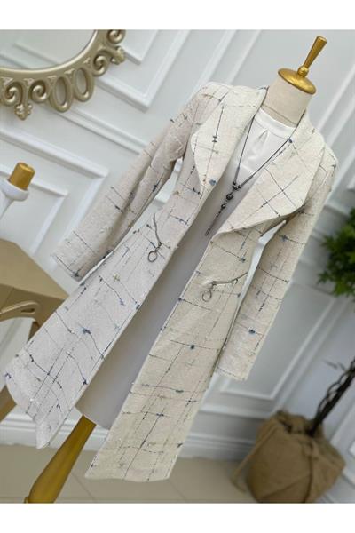 Renkli Örme Ceket Kap 14302-Ekru Mavi