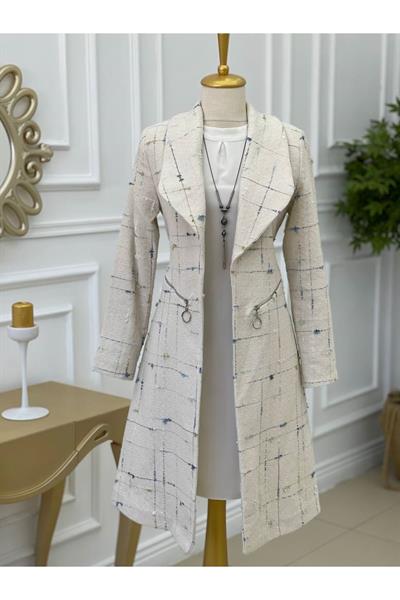 Renkli Örme Ceket Kap 14302-Ekru Mavi