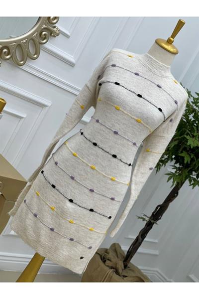 Renkli Şerit Yumoş Triko 7089 Ekru