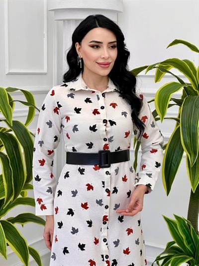 Renkli Yaprak Desen Düğmeli Elbise 5536 T-24 Siyah