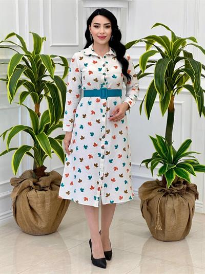 Renkli Yaprak Desen Düğmeli Elbise 5536 T-24 Mavi