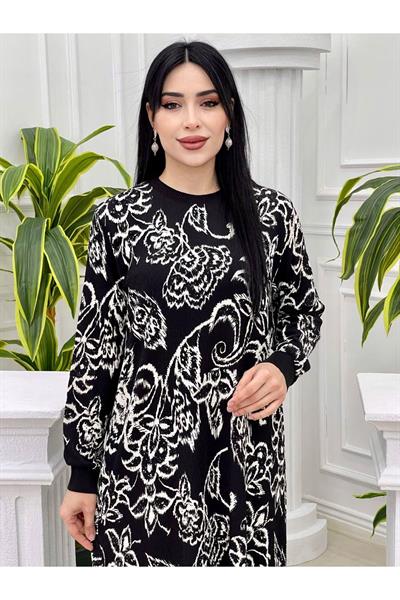 Ribanalı Etnik Elbise 23125 Siyah Beyaz