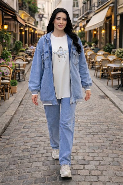 Ribanalı Kapişonlu Denim Üçlü Takım 120347 T-26 Kot