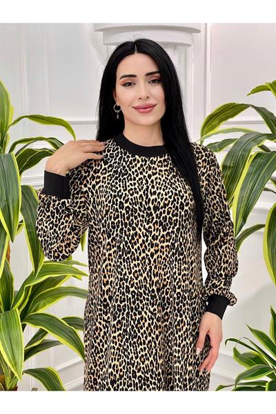 Ribanalı Leopar Elbise 180 Kahverengi