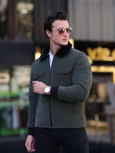 Roletti Yaka Kürk Şişme Mont 3009 T-24 Haki