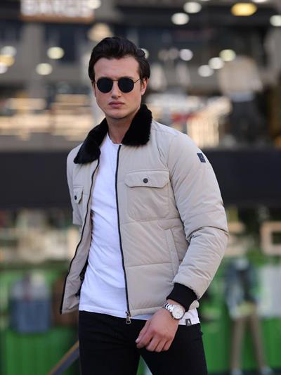 Roletti Yaka Kürk Şişme Mont 3009 T-24 Ekru