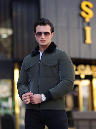 Roletti Yaka Kürk Şişme Mont 3009 T-24 Haki