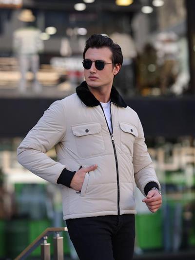 Roletti Yaka Kürk Şişme Mont 3009 T-24 Ekru