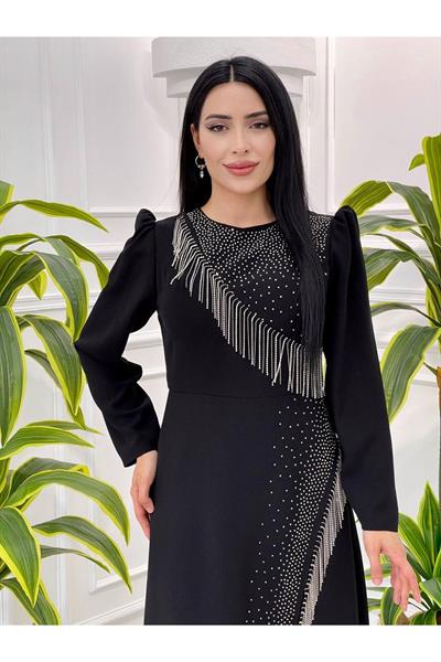 Saçak Taş Detay Elbise 1025 Siyah