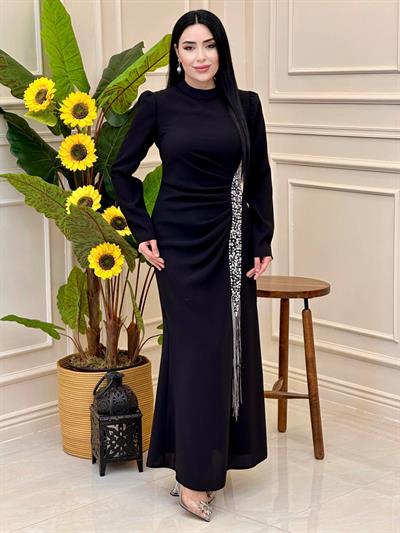 Saçak Taş İşleme Drape Elbise 2108 e025 Siyah