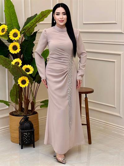 Saçak Taş İşleme Drape Elbise 2108 e025 Bej
