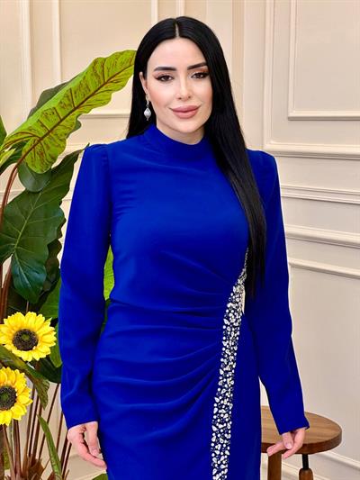 Saçak Taş İşleme Drape Elbise 2108 e025 Saks