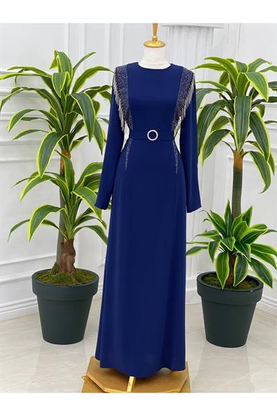 Saçak Taşlı Elbise 5101 Saks