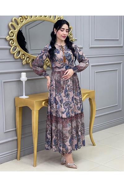 Şal Desen Elbise 215 Mavi