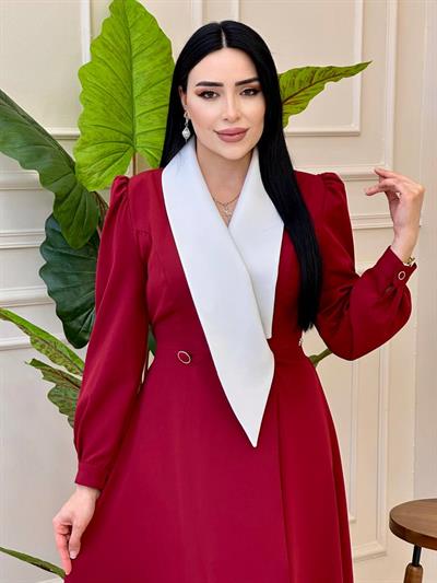 Şal Yaka Krep Elbise 7041 T025 Bordo