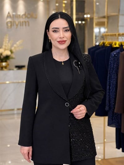 Şal Yaka Tek Taraf İşleme Üçlü Takım 5032 T-26 Siyah