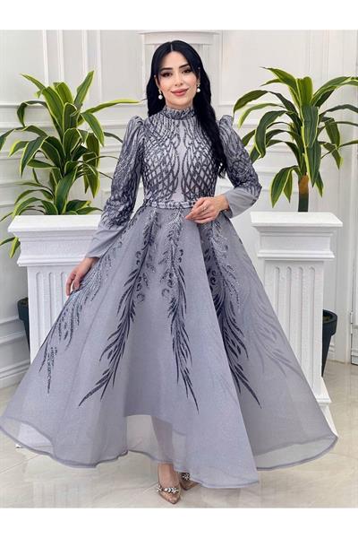 Saray Desen İşlemeli Abiye 18325 Gri